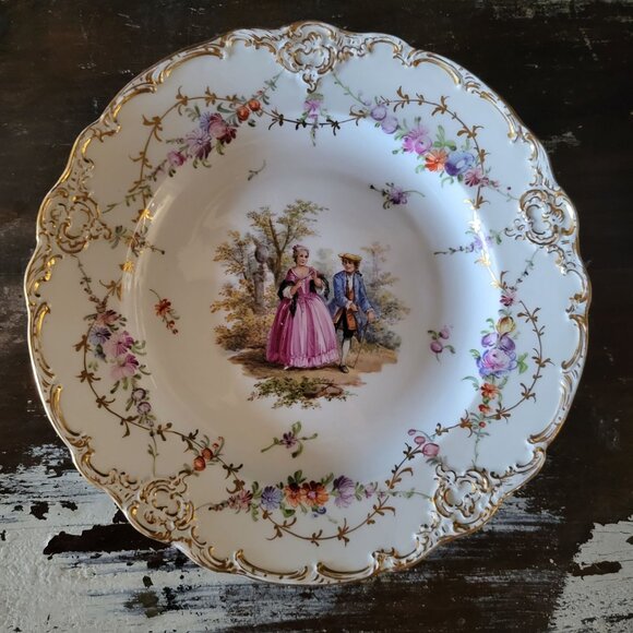 Antique Meissen Plate Courting Couple Romantic Scene Floral Design 8.75" - Picture 3 of 10